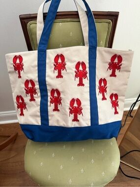 Canvas Lobster Tote Bag in White & Blue